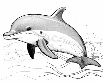 Színező egy élethű delfinnel, amely vízcseppek között ugrik ki a tengerből